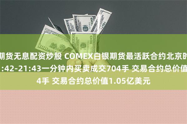 期货无息配资炒股 COMEX白银期货最活跃合约北京时间6月4日21:42-21:43一分钟内买卖成交704手 交易合约总价值1.05亿美元